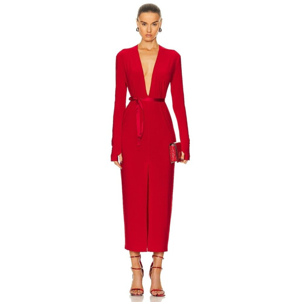 Norma Kamali Red Long-Sleeve Plunge Midi Dress